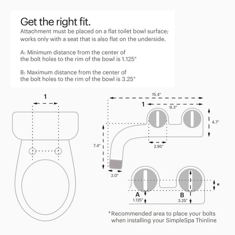 Diagram showing installation measurements for Thinline SimpleSpa SS150 Fresh Water Bidet Attachment For Non Electric Toilets White.