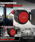 Heavy Duty Retractable Air Hose Reel With Smooth Auto Rewind 3/8 X 50 Feet Max 300 PSI Built Legit Kink Free Wall Mount Rig For Daily Grind Garage Shop Use, displayed on wall with dimensions.