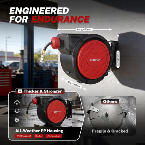 Heavy Duty Retractable Air Hose Reel With Smooth Auto Rewind 3/8 X 50 Feet Max 300 PSI Built Legit Kink Free Wall Mount Rig For Daily Grind Garage Shop Use, displayed on wall with dimensions.