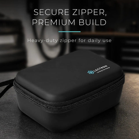 Rugged Hard Shell Zipper Case For Tesla Nacs And J1772 Ev Charger Adapters With Soft Padded Interior on a countertop.
