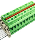 10 Gang Din Rail Terminal Block Kit With Jumpers, Plug-and-Play Setup, Includes End Brackets And End Cover, Green Busbar, 6-20 Awg, 60 Amp UL 600V Rated Solar Power Distribution Assembled On Rail. Green DIN rail terminal block kit on aluminum rail