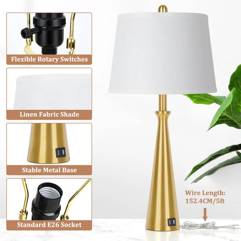 Two Dope Gold Table Lamps With USB Ports And Rotary Switch, 26 Inch Tall Brass Nightstand Lamps With White Fabric Shade, E26 Edison Socket