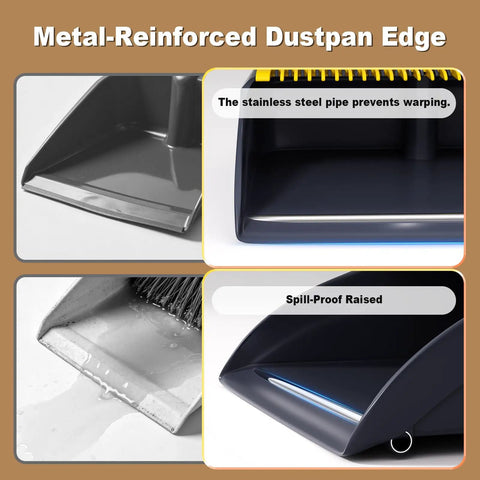 Metal-reinforced dustpan edge of Heavy Duty Broom And Dustpan Set With Extended Handle For Fast Outdoor Cleanup.