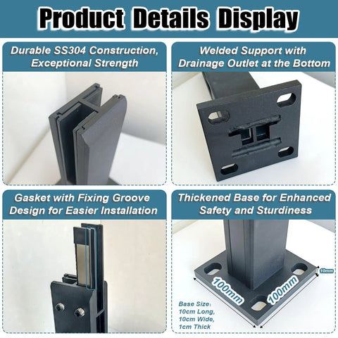 Badass Black 304 Stainless Steel Glass To Glass Clamps For Pool Fences And Balconies Fits 5/16 To 1/2 Inch Panels No Sweat Install Pro Grade Railing Hardware 12 Pack with detailed construction features.
