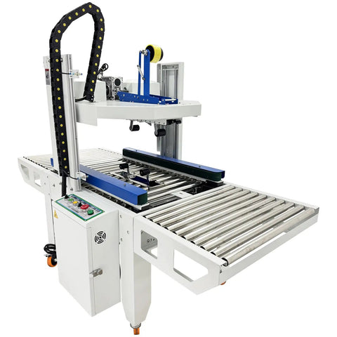 High Capacity Full Automatic Double Flap Case Sealer Machine For Carton Packing features a servo motor and adjustable conveyor.