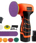 Cordless 3 Inch Palm Sander Kit With 16.8V 3.0Ah Liion Battery, 3500 RPM Mini Polisher, shown with accessories and fiber sponge pads.