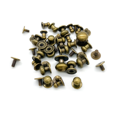 Top Shelf Bronze Button Stud Screws Kit Packs 36 Heavy Duty Rivets In Four Exact Sizes For Tough Leather Work And Badass Diy Builds Giving You A Slick Rust Proof Zinc Finish, bronze screws shown.