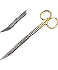 Dean Scissors 7 Inch Double Curved Gold Plated Surgical Dental ENT Pro Grade With Tungsten Carbide Inserts, side and close-up view.