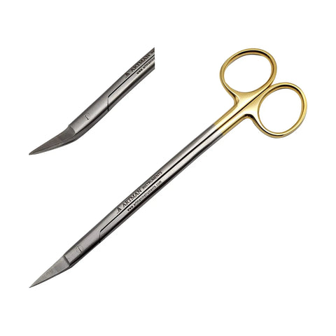 Dean Scissors 7 Inch Double Curved Gold Plated Surgical Dental ENT Pro Grade With Tungsten Carbide Inserts, side and close-up view.