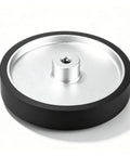 Pro Grade 250Mm Polyurethane Encoder Measuring Wheel With Legit Anti Slip Rubber Tread And Rock Solid Aluminum Housing, overhead view.
