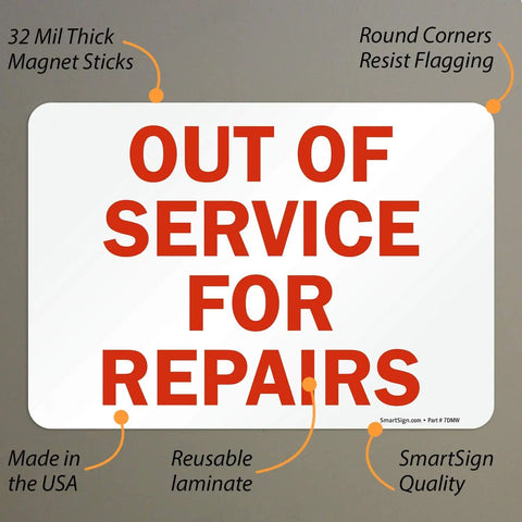 Outta Service For Repairs Sign 7 By 10 Inches Magnetic Red On White Laminated Notice For Quick Shop Floor Alerts And Easy Visibility In Busy Kitchens Anywhere.