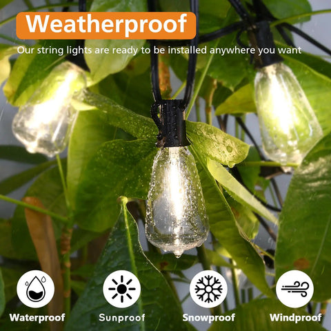 Remote Dimmable Outdoor String Lights, 50ft Run With 25+1 ST38 Edison Bulbs, 3 Color Modes 2700K 4000K 5000K, Waterproof on leaves