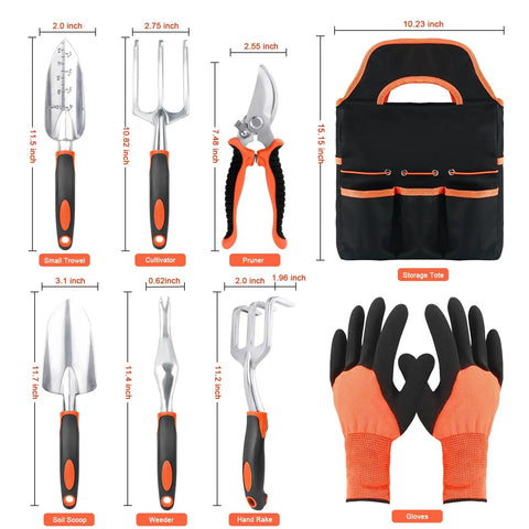 Must Have All In One Garden Tool Kit With Non Slip Ergonomic Handles, 8 Piece Heavy Duty Set In Orange, Includes Tools and Tote