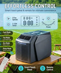 Dope Portable AC For Camping And RV 6200 BTU Windowless Cooler with smart touch panel and remote on outdoor table.