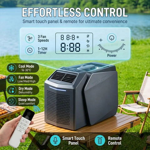 Dope Portable AC For Camping And RV 6200 BTU Windowless Cooler with smart touch panel and remote on outdoor table.