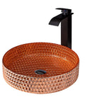 USZWBY Bathroom Vessel Sink Vanity Glass Vessel Bowl Sink Cylindrical Countertop Sink Bowl Above Counter Sink Art Basin with Waterfall Faucet and Pop Up Drain,Gold with diamond-patterned amber bowl and black faucet.