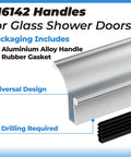 Chrome Glass Sliding Shower Door Pull Handle For 3/16 And 1/4 Inch Thick Glass shown in aluminum with rubber gasket.