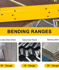 12 Inch Sheet Metal Bending Tool for HVAC Ductwork and Roofing Projects, yellow tool with bending range details for metal sheets