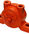 Heavy Duty Silent Pneumatic Turbine Vibrator Featuring 480 Lb Force And 7200 VPM, 9 CFM Airflow, 60 To 80 PSI Rating, Threaded Exhaust, 5 Inch Bolt Pattern, Tough As Nails Cast Iron Build For Zero Hassle Continuous Operation with a vibrant orange finish.