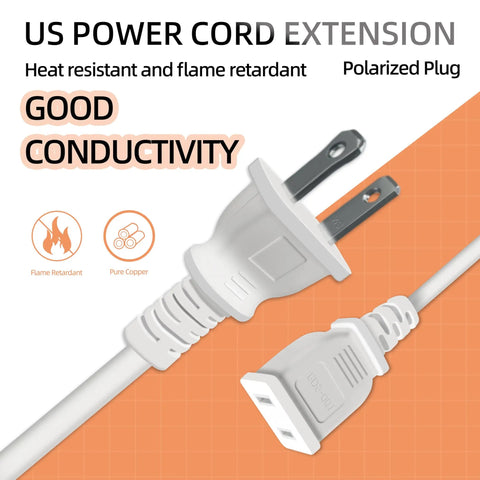 Close-up of US power cord extension featuring a white two-prong polarized plug with flame retardant and good conductivity features.