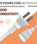 Close-up of 10 Ft Flat White Indoor Extension Cord 2 Prong Power Cable Polarity Safe 1250W 10A For Holiday Lights Lamps Cameras And Small Appliances ETL Listed Ideal For Indoor Use No Frills 1 Pack showing two-prong plug.