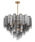 Top Shelf 15 Light Pendant Fixture Featuring Authentic Legacy Brass Finishes And Hand Crafted Grey Smoke Glass with unique glass panels.