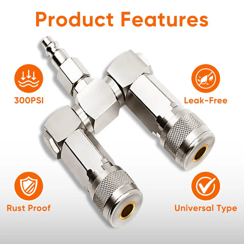 Two Way Air Hose Splitter With Swivel Connector One Quarter Inch NPT For Air Compressors Heavy Duty Machined Steel Fittings