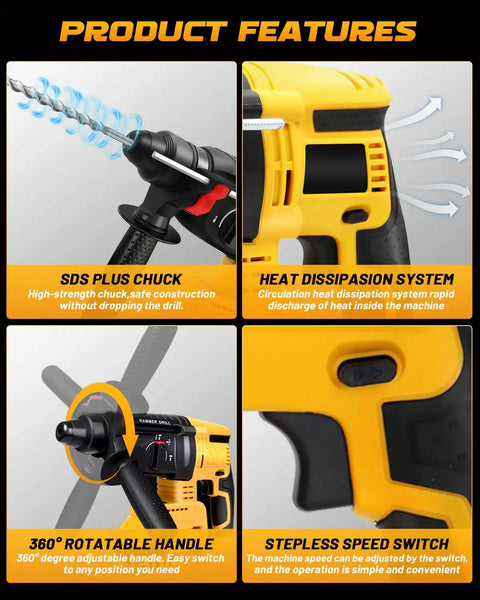 Heavy Lifter Cordless Sds Rotary Hammer Drill Featuring Brushless Motor And Slam Stop Safety Clutch For No Sweat Masonry Tasks with features displayed.