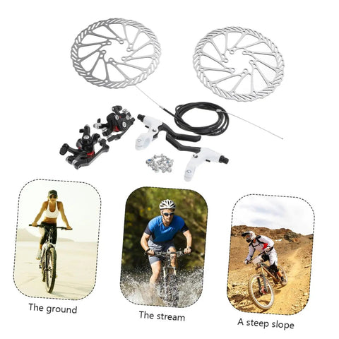 Rock Solid Mountain Bike Disc Brake Kit Featuring Hella Grippy Stopping Power and Lightweight Trail Upgrades Compatible with Most Fat Tire Cruisers and Dirt Bikes Premium Hydraulic Pads for Smooth Riding with rotors, calipers, and cables.