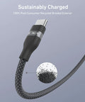 Upcycled Braided USB A To USB C Car Charger Cable 3Ft Black, close-up of connector and braided exterior with recycled material