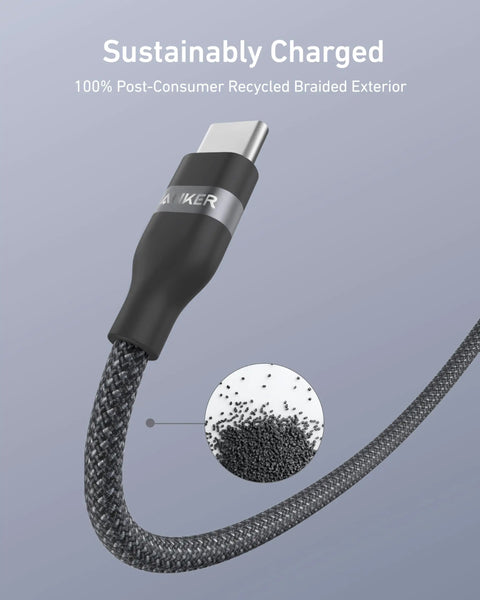 Upcycled Braided USB A To USB C Car Charger Cable 3Ft Black, close-up of connector and braided exterior with recycled material