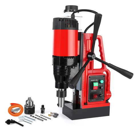 1550W Portable Magnetic Drill Press With 2 Inch Boring Diameter And Variable Speed Up To 500 Rpm, featuring various drill bits and controls.
