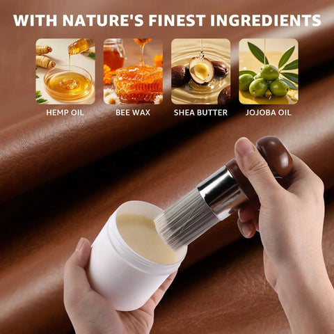 Person holding Solid Eight Ounce Leather Repair Balm And Detail Brush Kit near shea butter and jojoba oil on leather fabric.