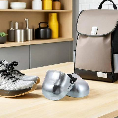 Built Different Steel Toe Caps For Work Boots That Lock Down Your Toes On The Daily Heavy Duty Overshoe Cover for men and women, silver color, placed beside gray work shoes.