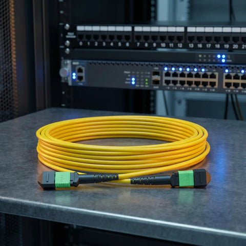 Real Deal MPO Fiber Patch Cable Single Mode 8 Core Type B Female To Female Network Optic Jumper 1 Meter on workbench.