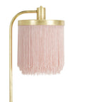 Pink Fringe Shade Floor Lamp In Gold Leaf Finish, Down Bridge Steel Lamp With Three Tier Fringe Shade, Classic Boudoir Style Detail