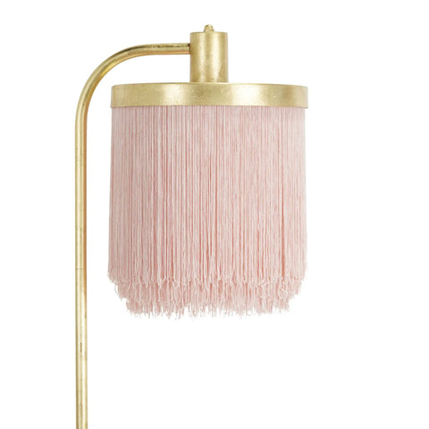 Pink Fringe Shade Floor Lamp In Gold Leaf Finish, Down Bridge Steel Lamp With Three Tier Fringe Shade, Classic Boudoir Style Detail