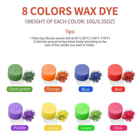 All In One Candle Making Kit For Beginners with 2.12 lb soy wax dyes wicks stickers and more showing 8 color wax dyes
