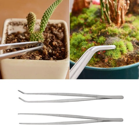12 Inch Long Stainless Steel Tweezers And Nippers Set With Straight And Curved Tips, Serrated Jaws, For Garden Use