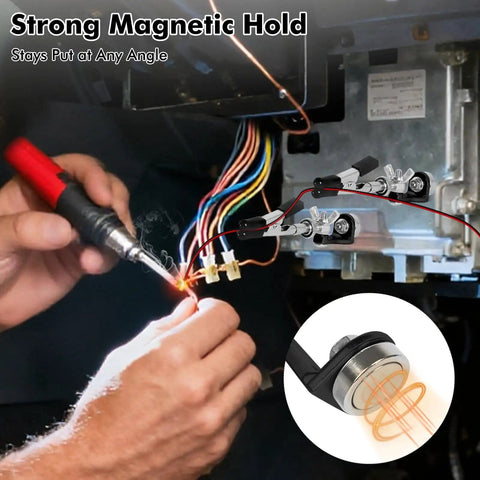 Person using Helping Hands Soldering Station With A 3.9 By 3.9 Inch Stable Base 360 Degree Adjustable Soldering Clamp Four Flexible Magnetic Arms For PCB Holding Wires Cables And Connector Repair Tinker Ready Electronics DIY Kit