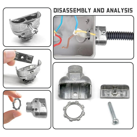 Disassembled Heavy Duty Metal Conduit Connectors 5 Pack Double Outlet Wire Harness Clamps 3/8 Inch Cables components analysis.