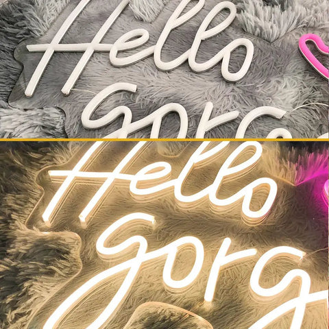 "Hello Gorgeous" LED neon sign on soft textured surface, part of Pink LED Neon Sign Heart Shape Wall Light For Bedroom Wedding Party Bar And Christmas Decor 23.6 Inch Bright Yet Soft Glow Neon Light That Delivers Cozy Vibe And Fun Gift Idea.
