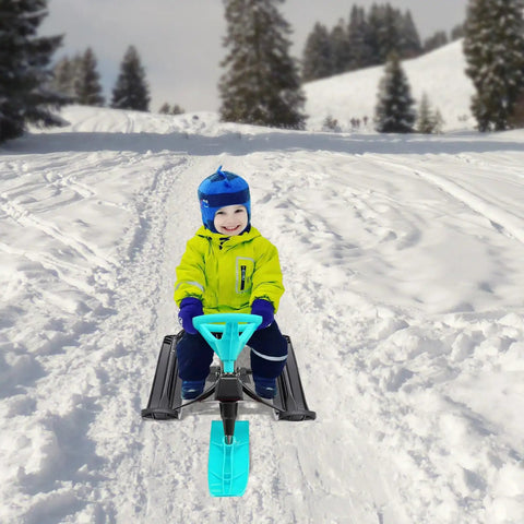Child riding Steerable Ski Sled With Steering Wheel And Twin Brakes, Heavy Duty Go Kart Snow Scooter in winter with snow background.