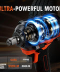 Heavy Hitter One Half Inch Cordless Impact Wrench Boasts 405 Ft Lbs Raw Torque With Silent Brushless Motor And 2800 Rpm Kick showing powerful motor details.