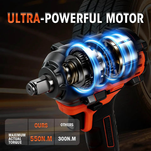 Heavy Hitter One Half Inch Cordless Impact Wrench Boasts 405 Ft Lbs Raw Torque With Silent Brushless Motor And 2800 Rpm Kick showing powerful motor details.