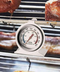 Large Dial Oven Thermometer Pack Of 2 With Dual Scale 50 To 300 C And 100 To 600 F for BBQ, baking, grilling in steel on grill rack.