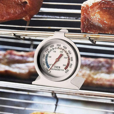 Large Dial Oven Thermometer Pack Of 2 With Dual Scale 50 To 300 C And 100 To 600 F for BBQ, baking, grilling in steel on grill rack.
