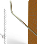 Illustration of Beefy Outdoor Antenna Mount Pole With Extension Arm For Weather Station And More Aluminum Alloy Bracket Wall Eave Or Roof Mount Rustproof And Weatherproof 1 Inch Diameter 32.75 Inch Length 180 Degree Adjustable, showing side view of installation on brick wall with dimensions.