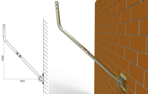 Illustration of Beefy Outdoor Antenna Mount Pole With Extension Arm For Weather Station And More Aluminum Alloy Bracket Wall Eave Or Roof Mount Rustproof And Weatherproof 1 Inch Diameter 32.75 Inch Length 180 Degree Adjustable, showing side view of installation on brick wall with dimensions.
