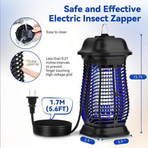 Ultimate Indoor Outdoor Bug Zapper For Mosquitoes And Flies, 4200V Electric Grid With 20W Blue UV Light Attracts Insects, ABS Plastic, Black